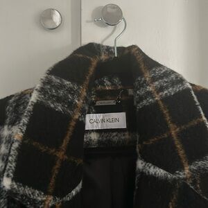 Calvin Klein Plaid Faux-Leather-Pocket Walker Coat Wool Blend - Medium